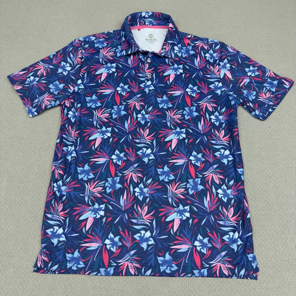 Scales Polo Shirt Mens Large Blue Floral Tropical Performance Golf Stretch